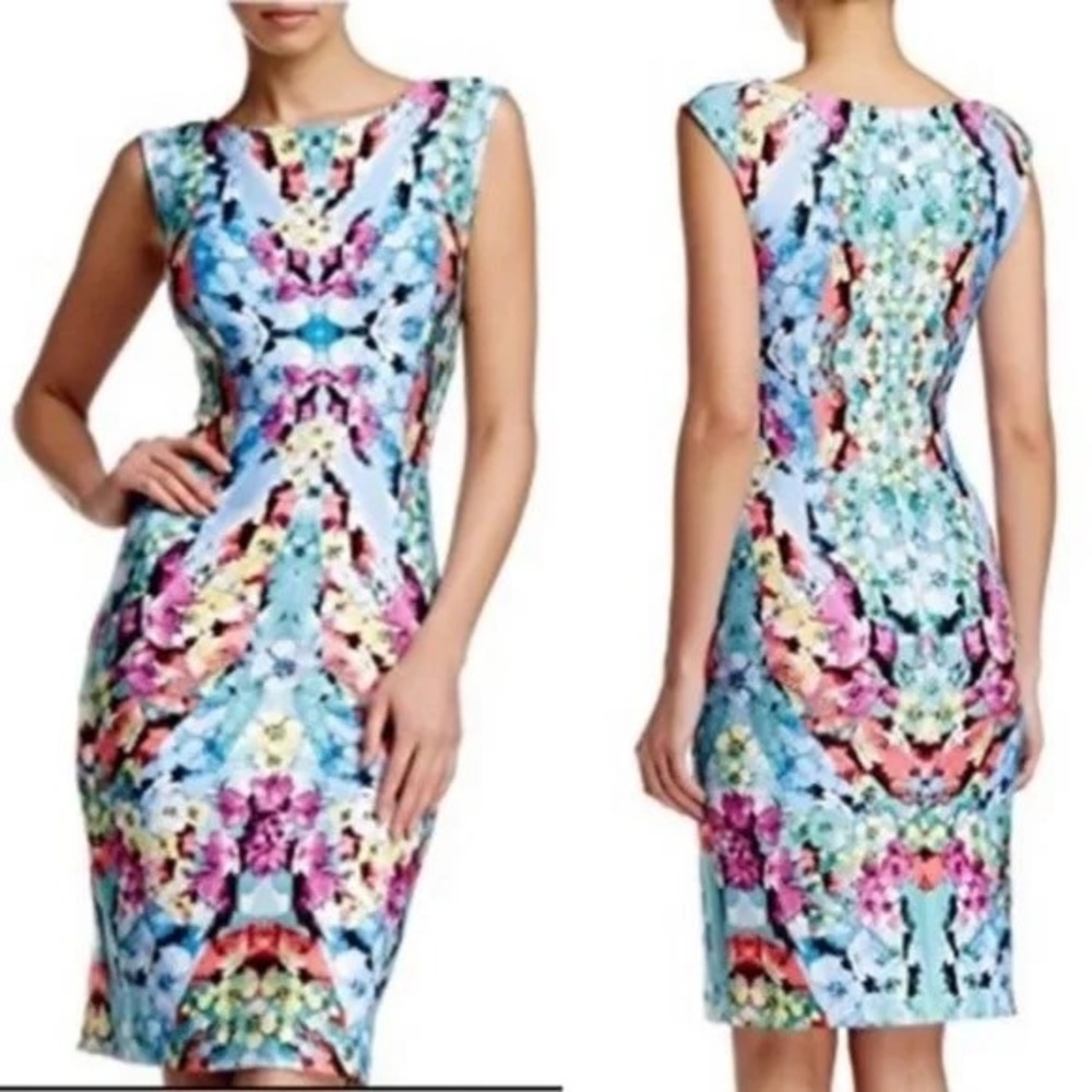 Adrianna Papell Floral Print Scuba Sheath Dress Blue Pink Size 4 Sleeveless